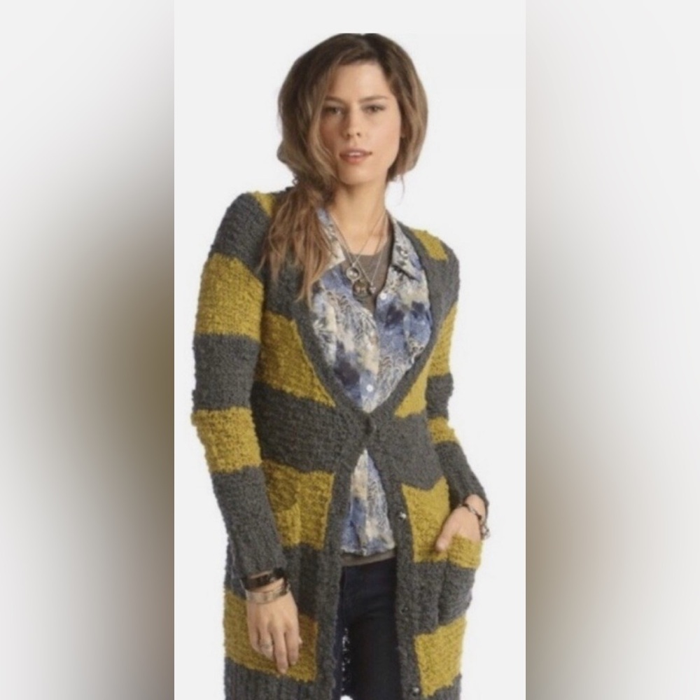 Free People Women’s Wool Blend Chartreuse Gray Stripe Long Cardigan Medium